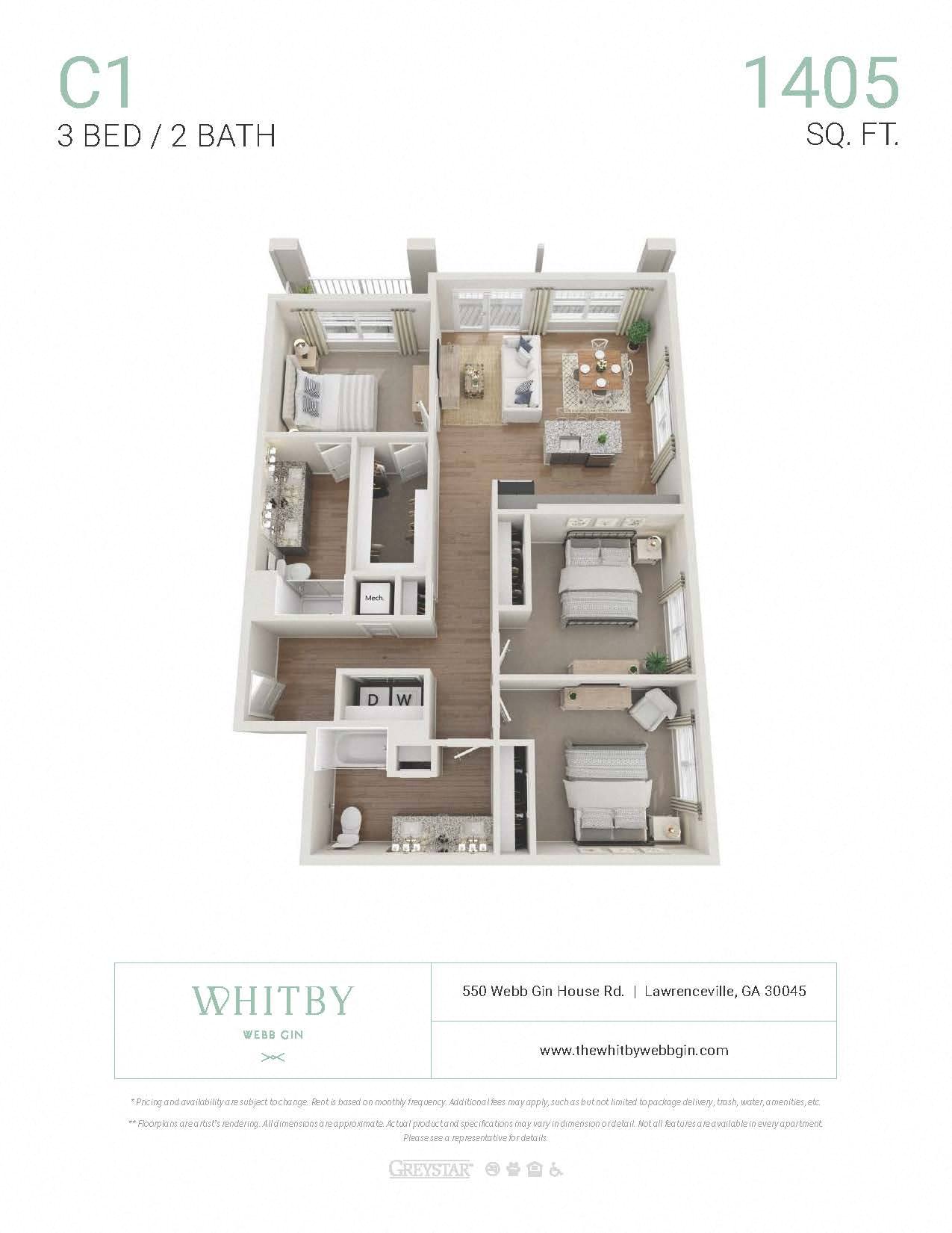 Floor plan for 3 beds, 2 baths, 1405 sqft